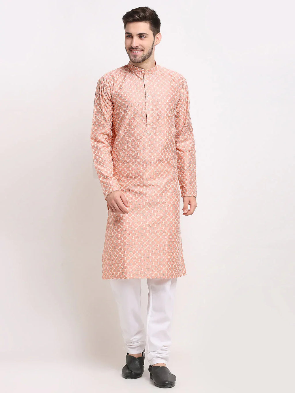 Jompers Men's Peach Chikankari Kurta with Churidar | Grocsy
