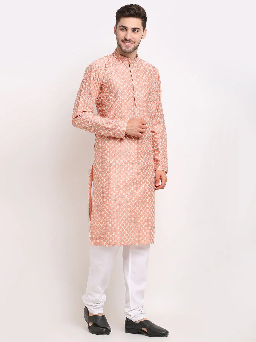 Jompers Men's Peach Chikankari Kurta with Churidar | Grocsy