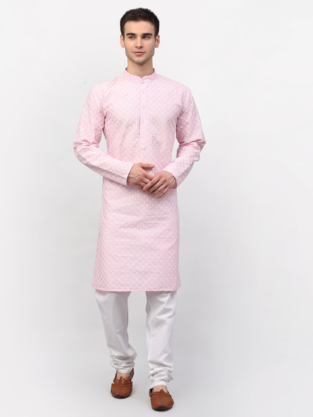Jompers Men Pink Chikankari Kurta with Churidar | Grocsy