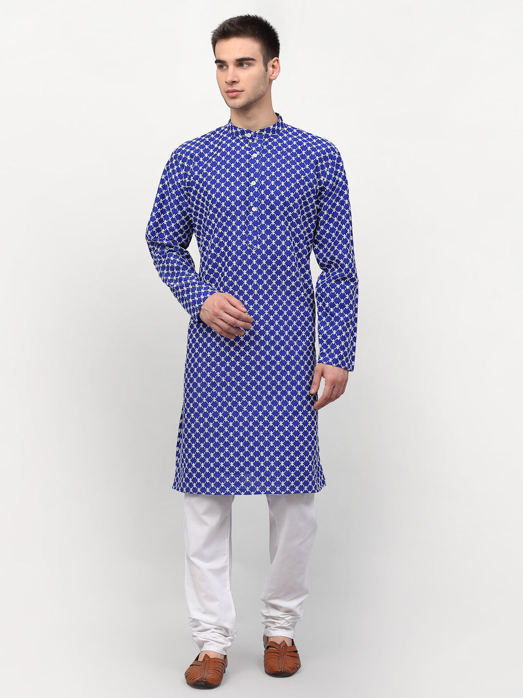 Jompers Men Royal-Blue Chikankari Kurta with Churidar | Grocsy