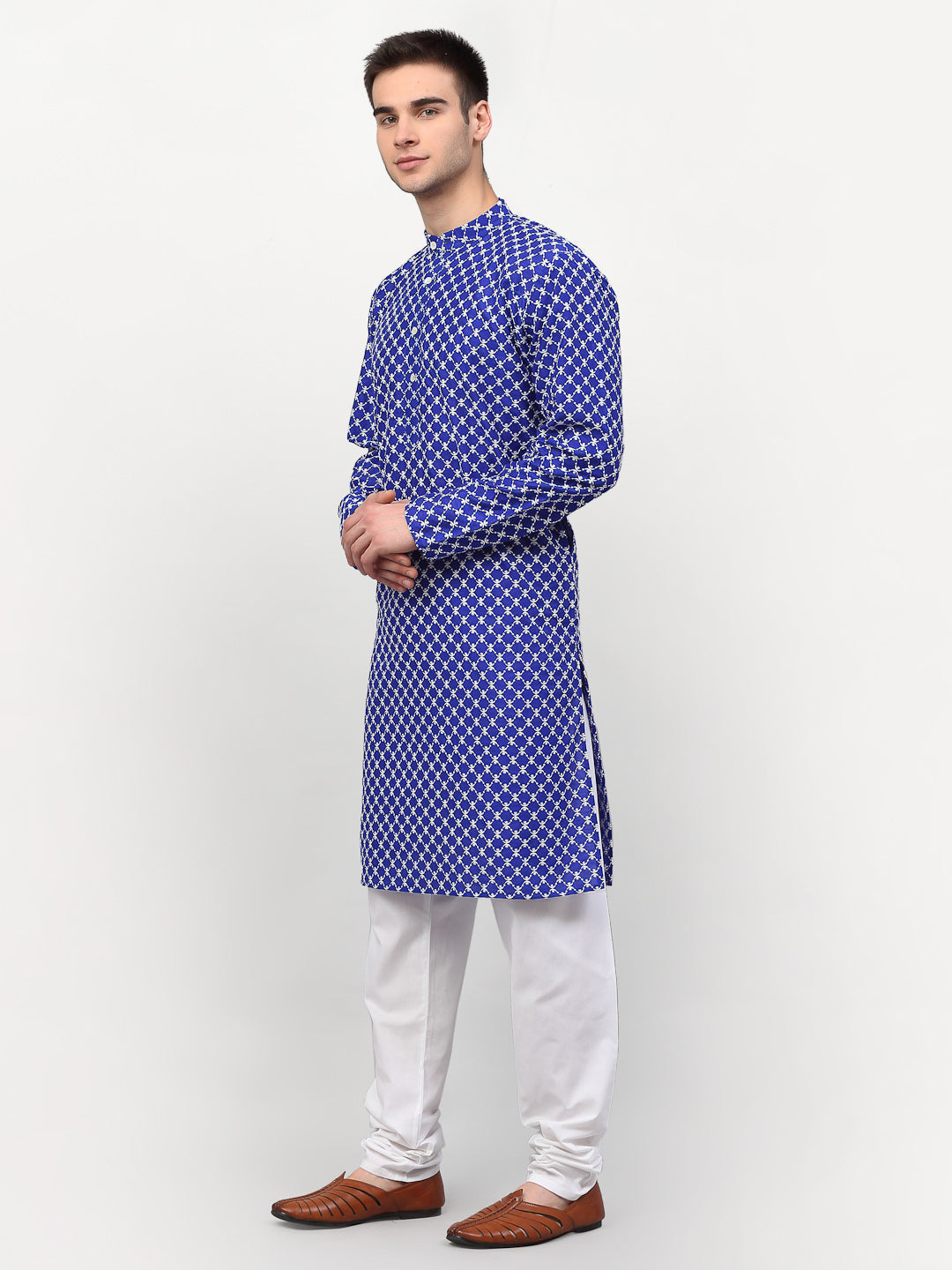 Jompers Men Royal-Blue Chikankari Kurta with Churidar | Grocsy