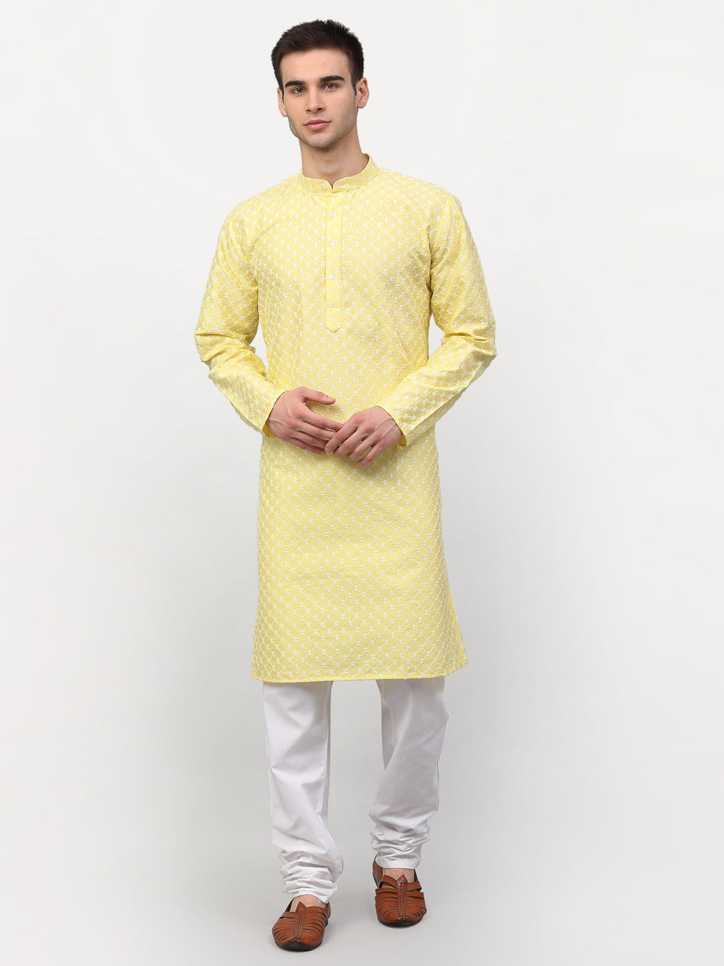 Jompers Men Yellow Chikankari Kurta with Churidar | Grocsy