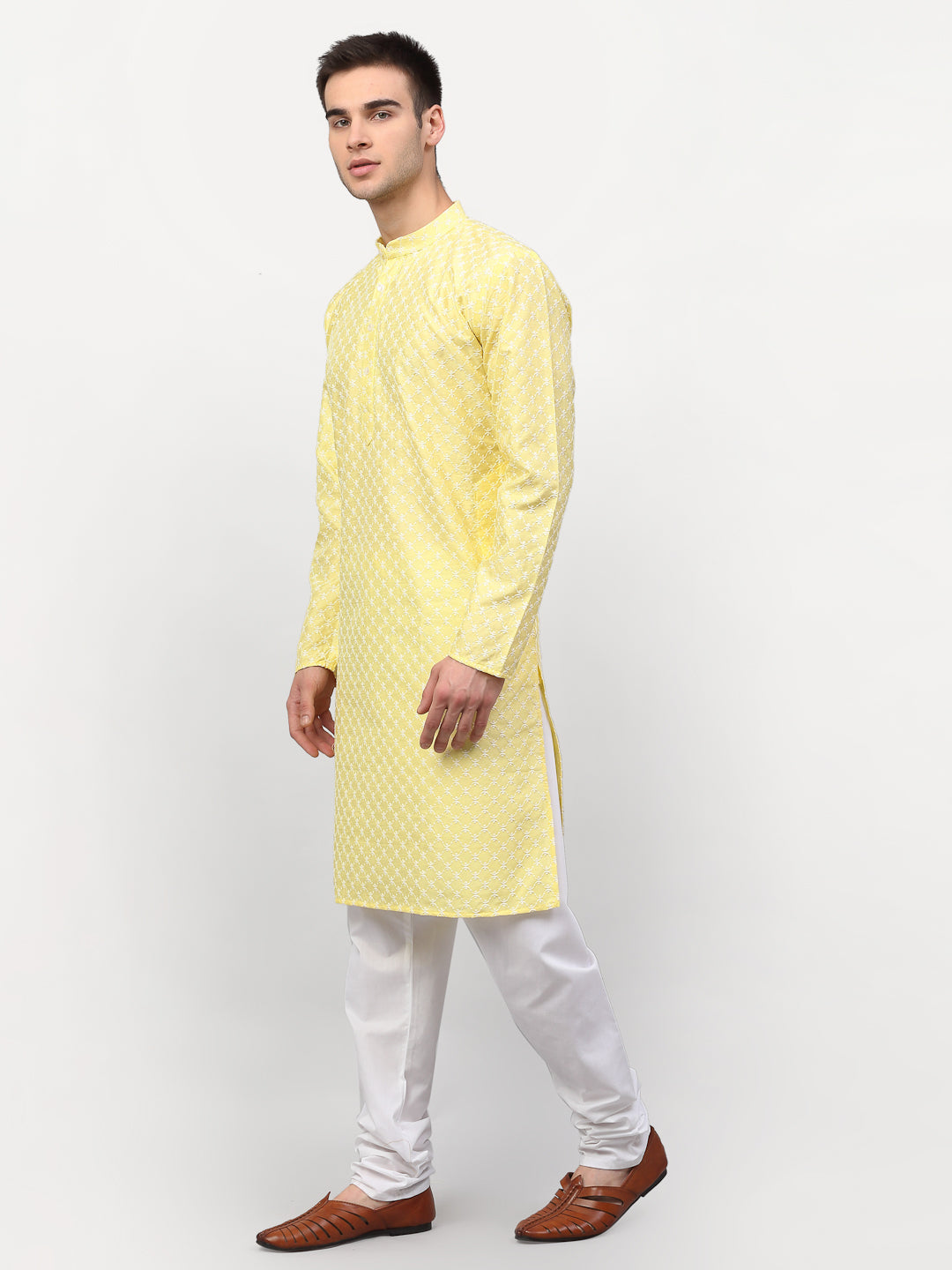 Jompers Men Yellow Chikankari Kurta with Churidar | Grocsy