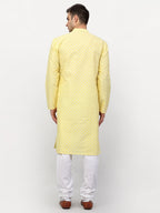Jompers Men Yellow Chikankari Kurta with Churidar | Grocsy