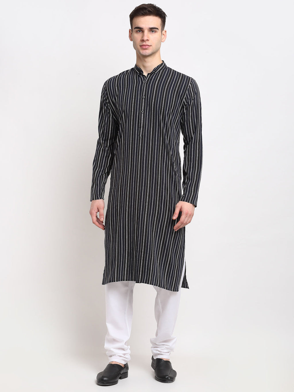 Jompers Men's Black Cotton Striped Kurta Payjama Sets | Grocsy