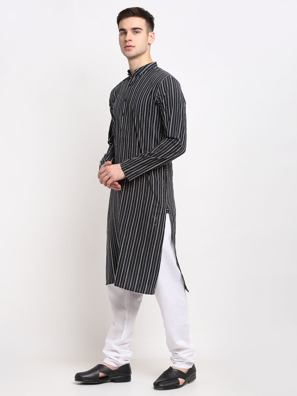Jompers Men's Black Cotton Striped Kurta Payjama Sets | Grocsy
