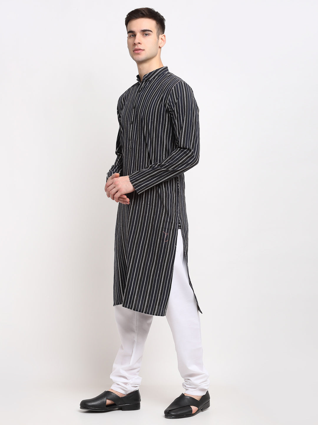 Jompers Men's Black Cotton Striped Kurta Payjama Sets | Grocsy