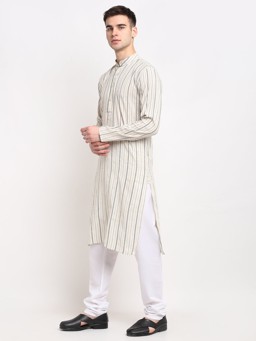 Jompers Men's Cream Cotton Striped Kurta Only | Grocsy
