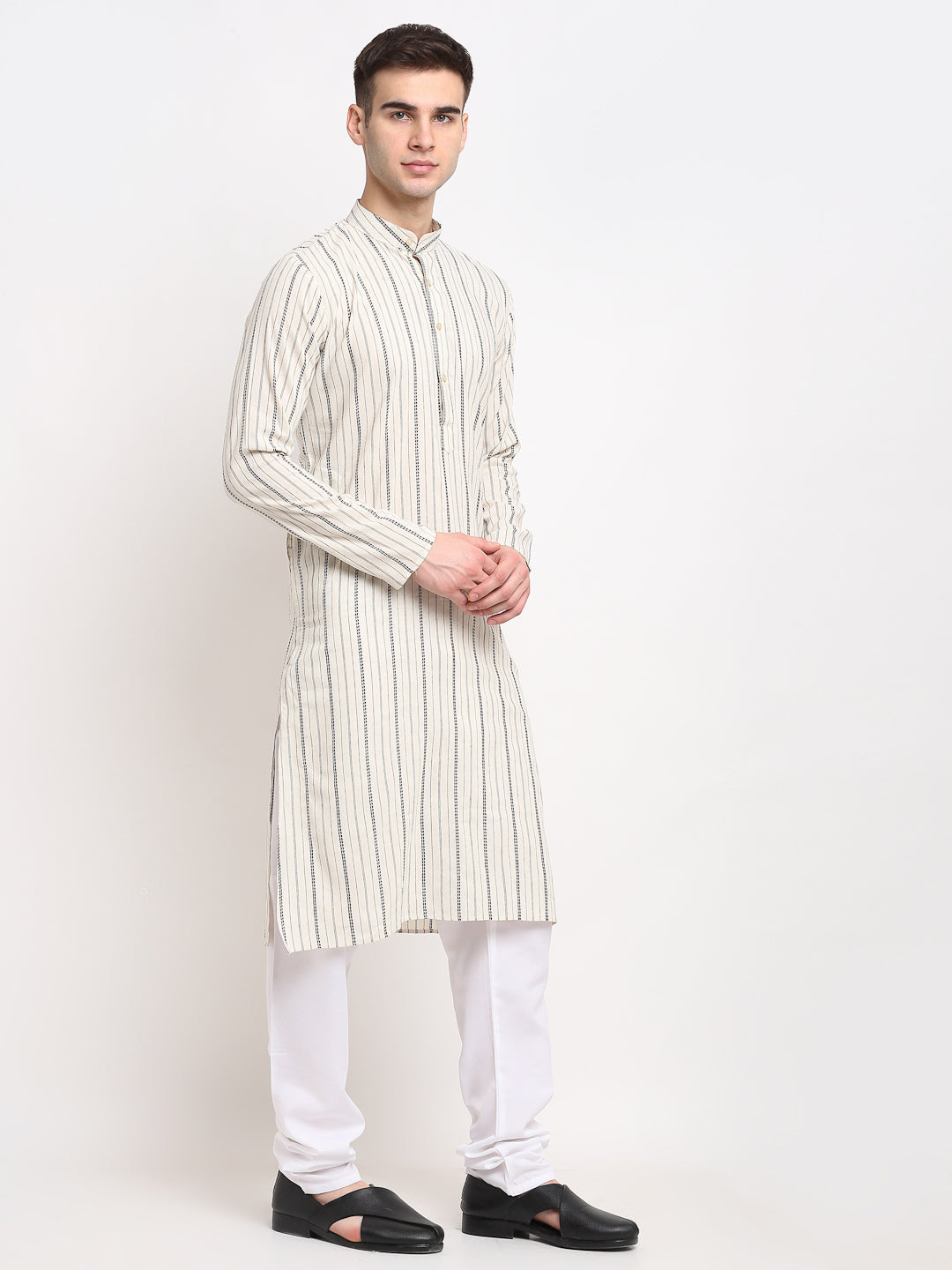 Jompers Men's Cream Cotton Striped Kurta Only | Grocsy