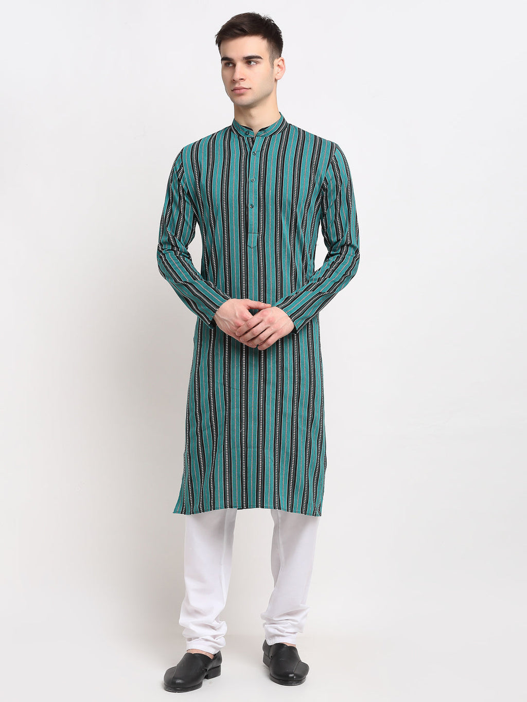 Jompers Men's Green Cotton Striped Kurta Payjama Sets | Grocsy