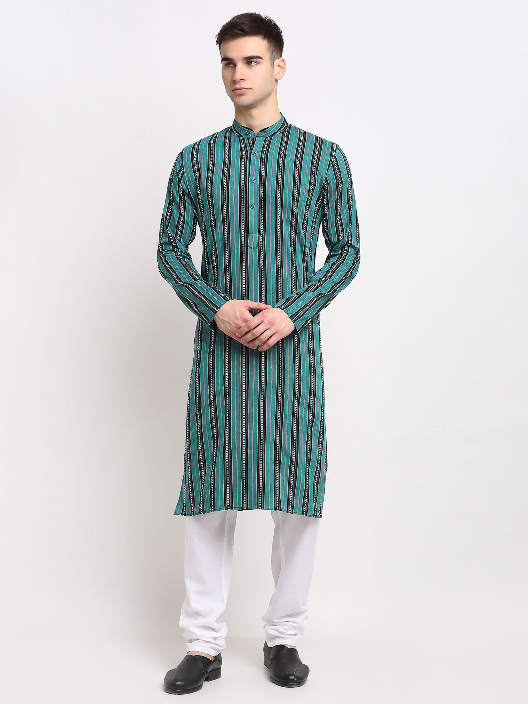 Jompers Men's Green Cotton Striped Kurta Payjama Sets | Grocsy