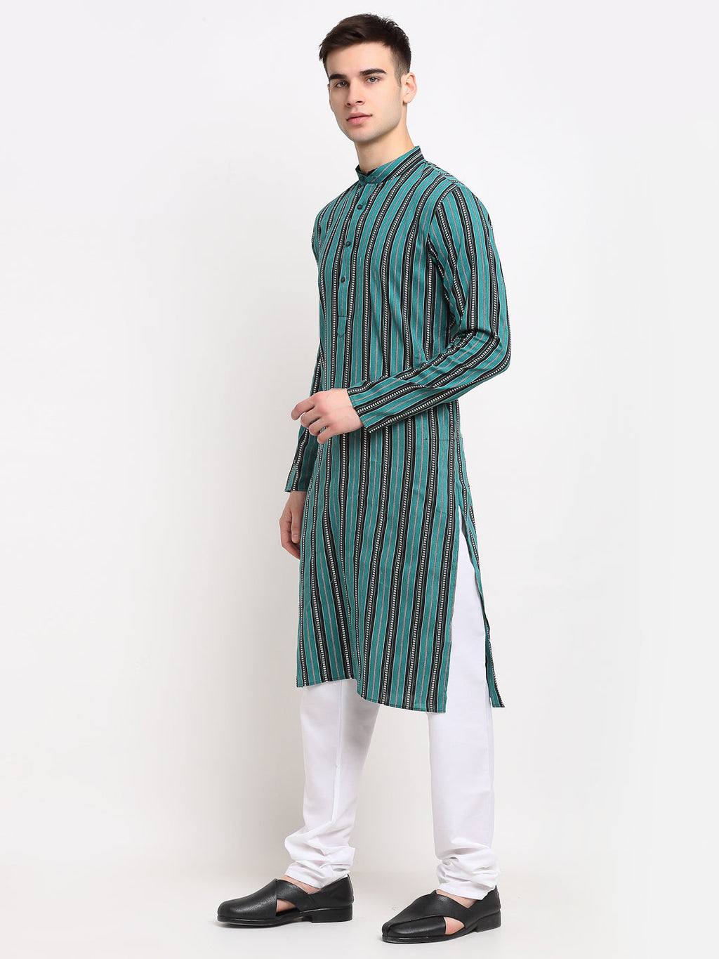 Jompers Men's Green Cotton Striped Kurta Payjama Sets | Grocsy