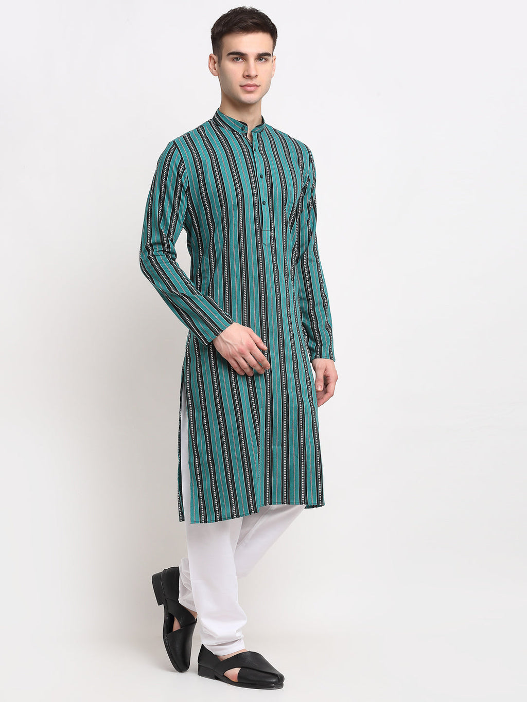 Jompers Men's Green Cotton Striped Kurta Only | Grocsy