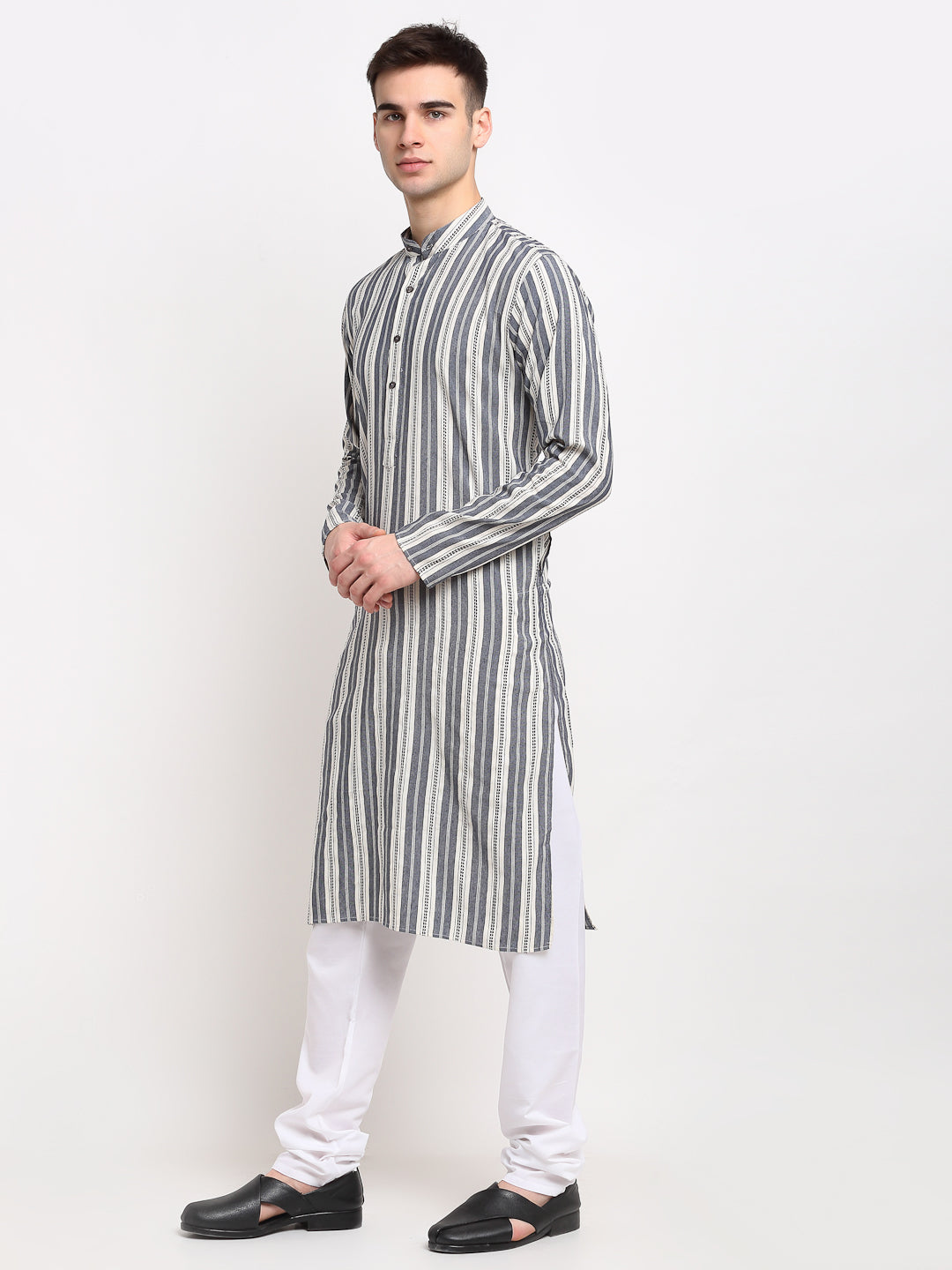 Jompers Men's Grey Cotton Striped Kurta Only | Grocsy