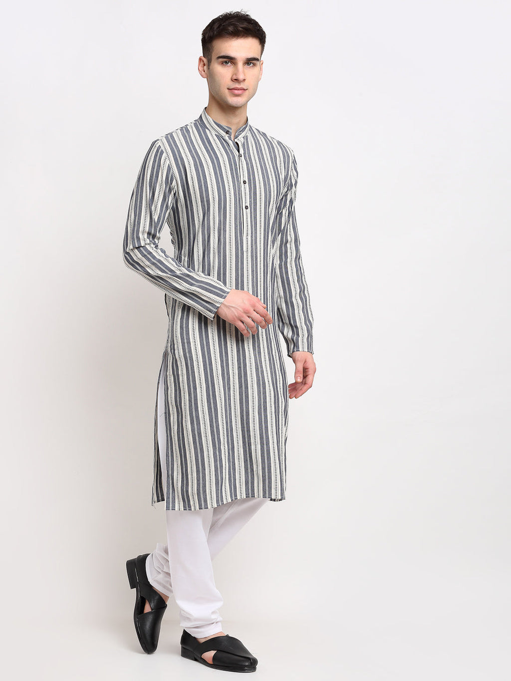 Jompers Men's Grey Cotton Striped Kurta Only | Grocsy