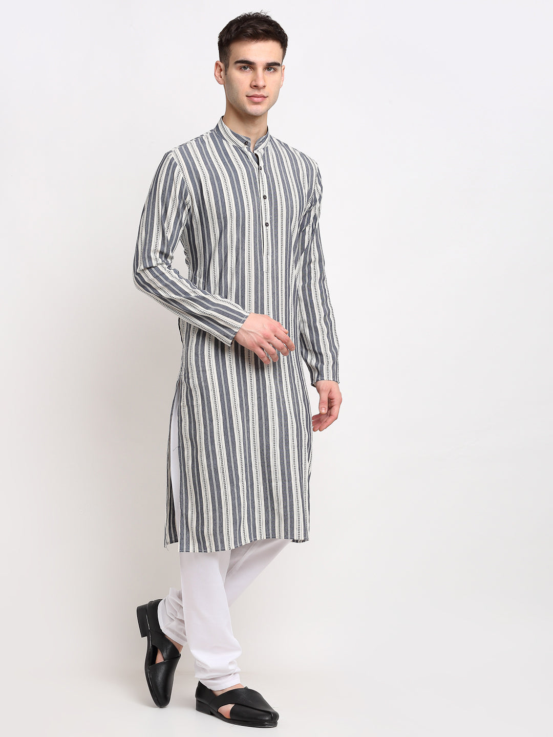 Jompers Men's Grey Cotton Striped Kurta Only | Grocsy