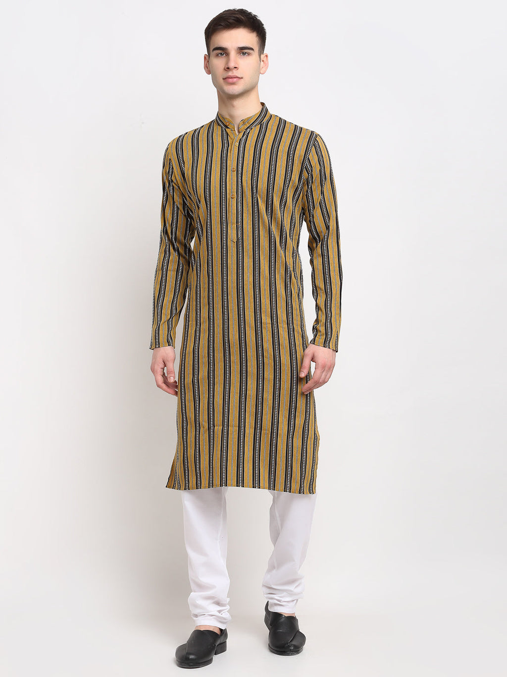 Jompers Men's Mustard Cotton Striped Kurta Payjama Sets | Grocsy