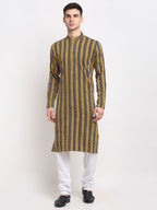 Jompers Men's Mustard Cotton Striped Kurta Payjama Sets | Grocsy