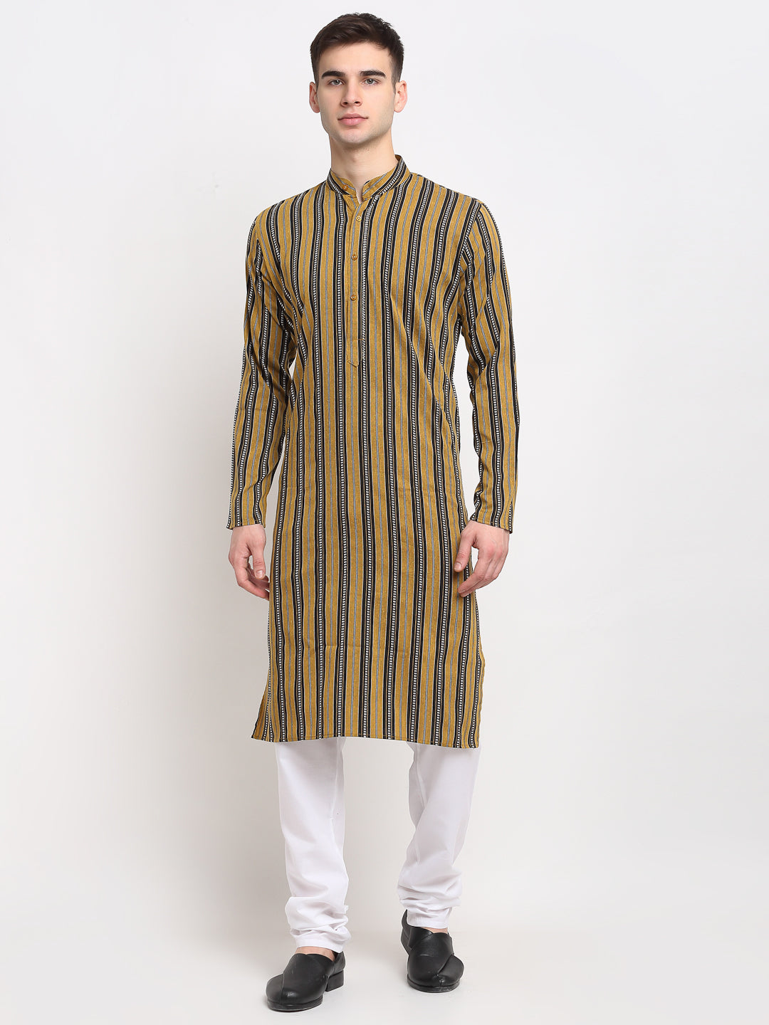 Jompers Men's Mustard Cotton Striped Kurta Payjama Sets | Grocsy