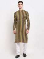 Jompers Men's Mustard Cotton Striped Kurta Only | Grocsy