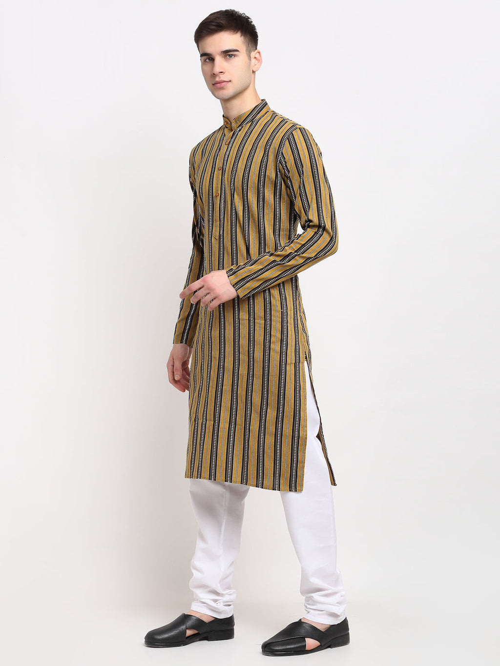 Jompers Men's Mustard Cotton Striped Kurta Payjama Sets | Grocsy