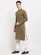 Jompers Men's Mustard Cotton Striped Kurta Payjama Sets | Grocsy