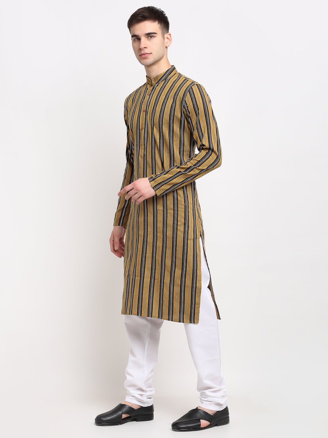 Jompers Men's Mustard Cotton Striped Kurta Payjama Sets | Grocsy