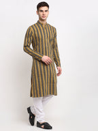 Jompers Men's Mustard Cotton Striped Kurta Payjama Sets | Grocsy