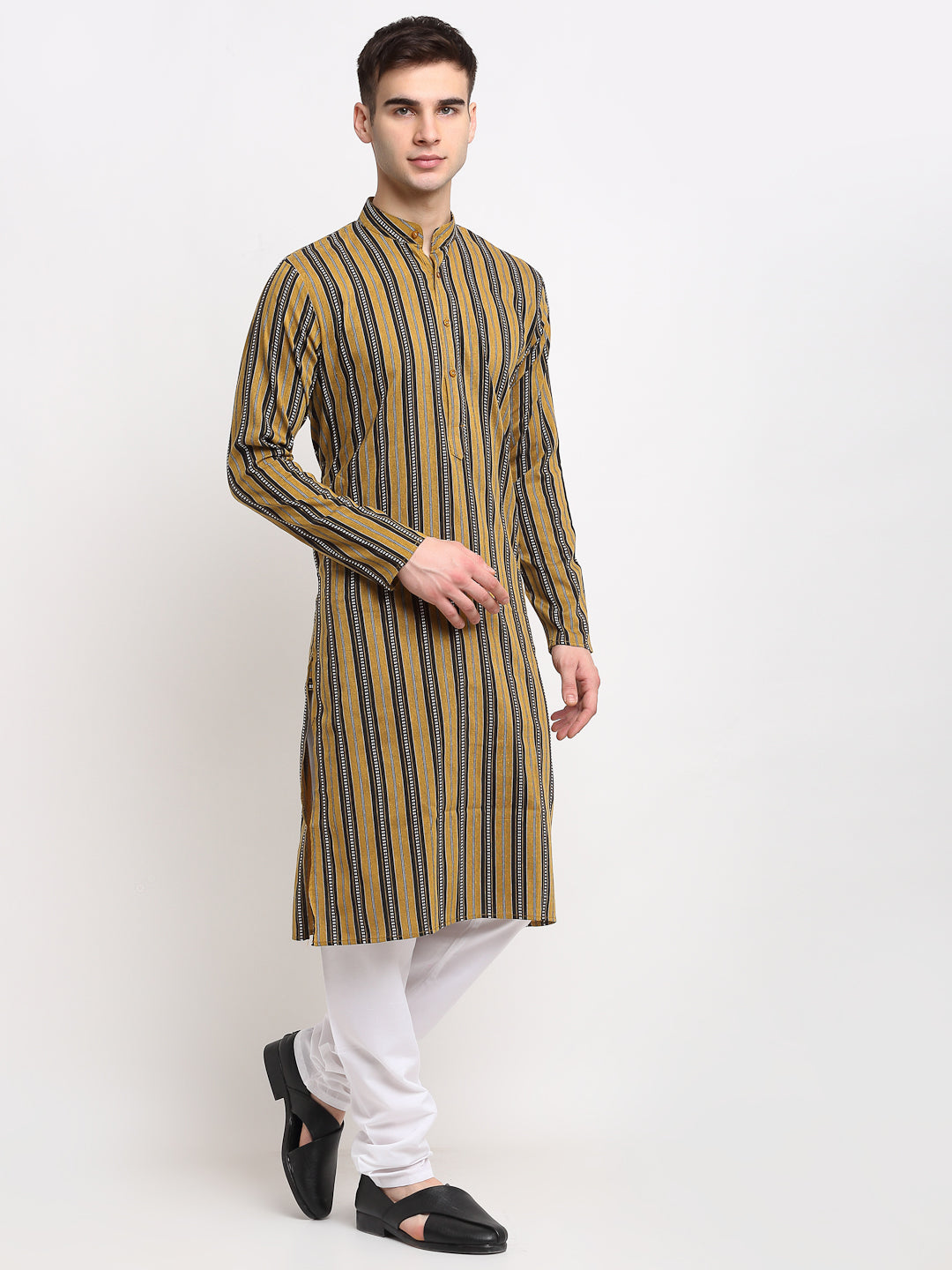 Jompers Men's Mustard Cotton Striped Kurta Payjama Sets | Grocsy