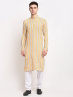 Jompers Men's Yellow Cotton Striped Kurta Payjama Sets | Grocsy