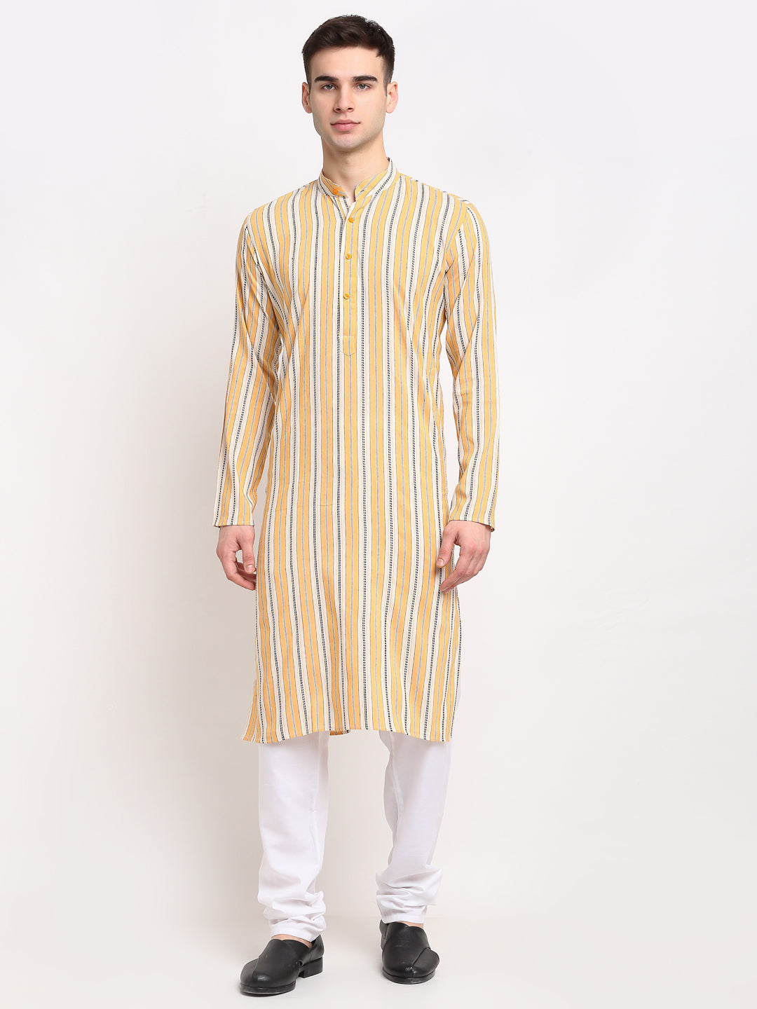 Jompers Men's Yellow Cotton Striped Kurta Payjama Sets | Grocsy