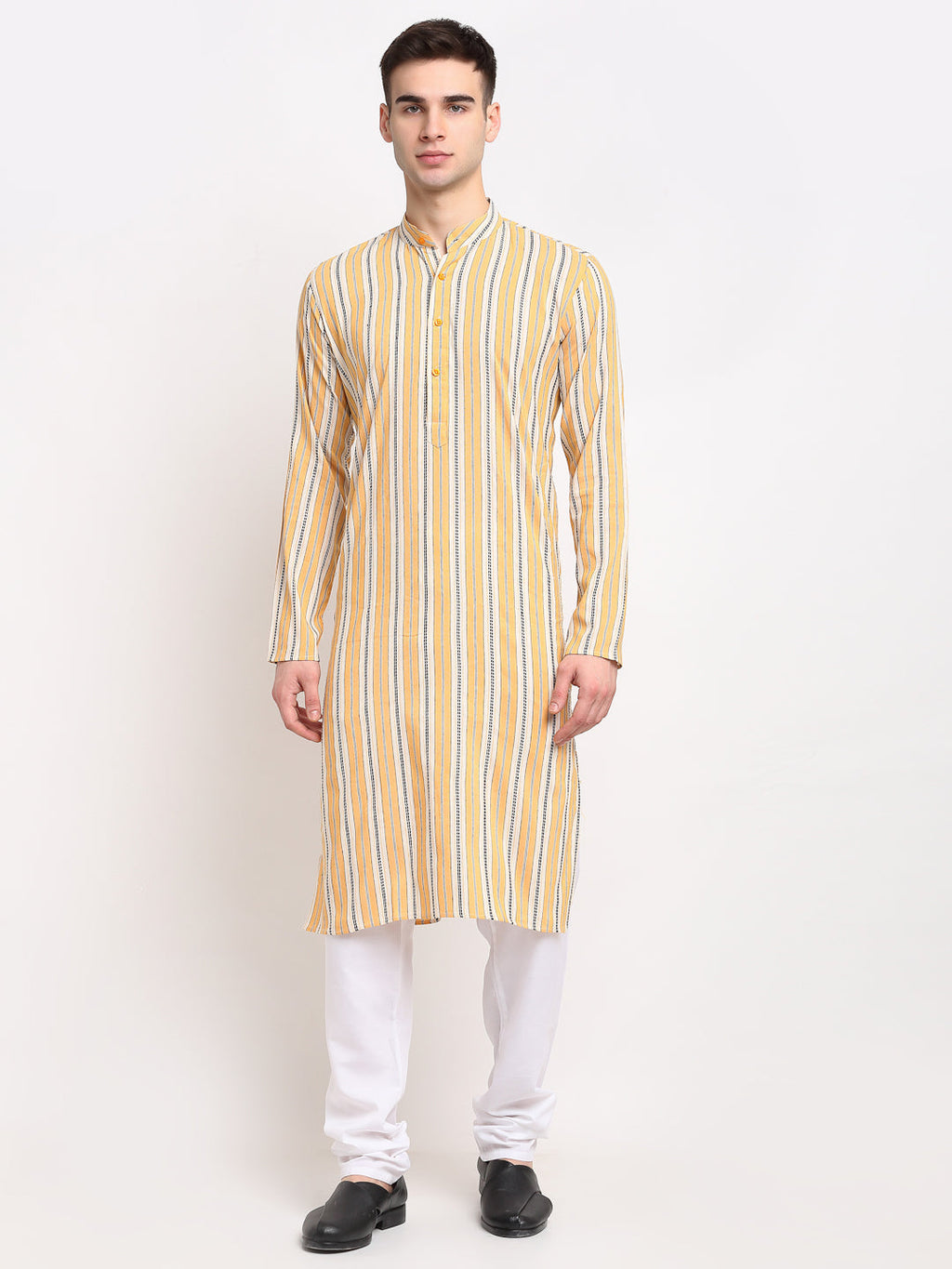 Jompers Men's Yellow Cotton Striped Kurta Only | Grocsy