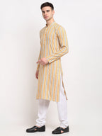 Jompers Men's Yellow Cotton Striped Kurta Payjama Sets | Grocsy