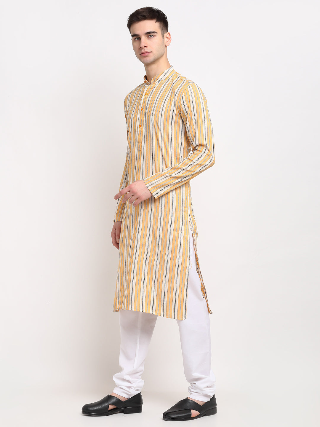 Jompers Men's Yellow Cotton Striped Kurta Payjama Sets | Grocsy