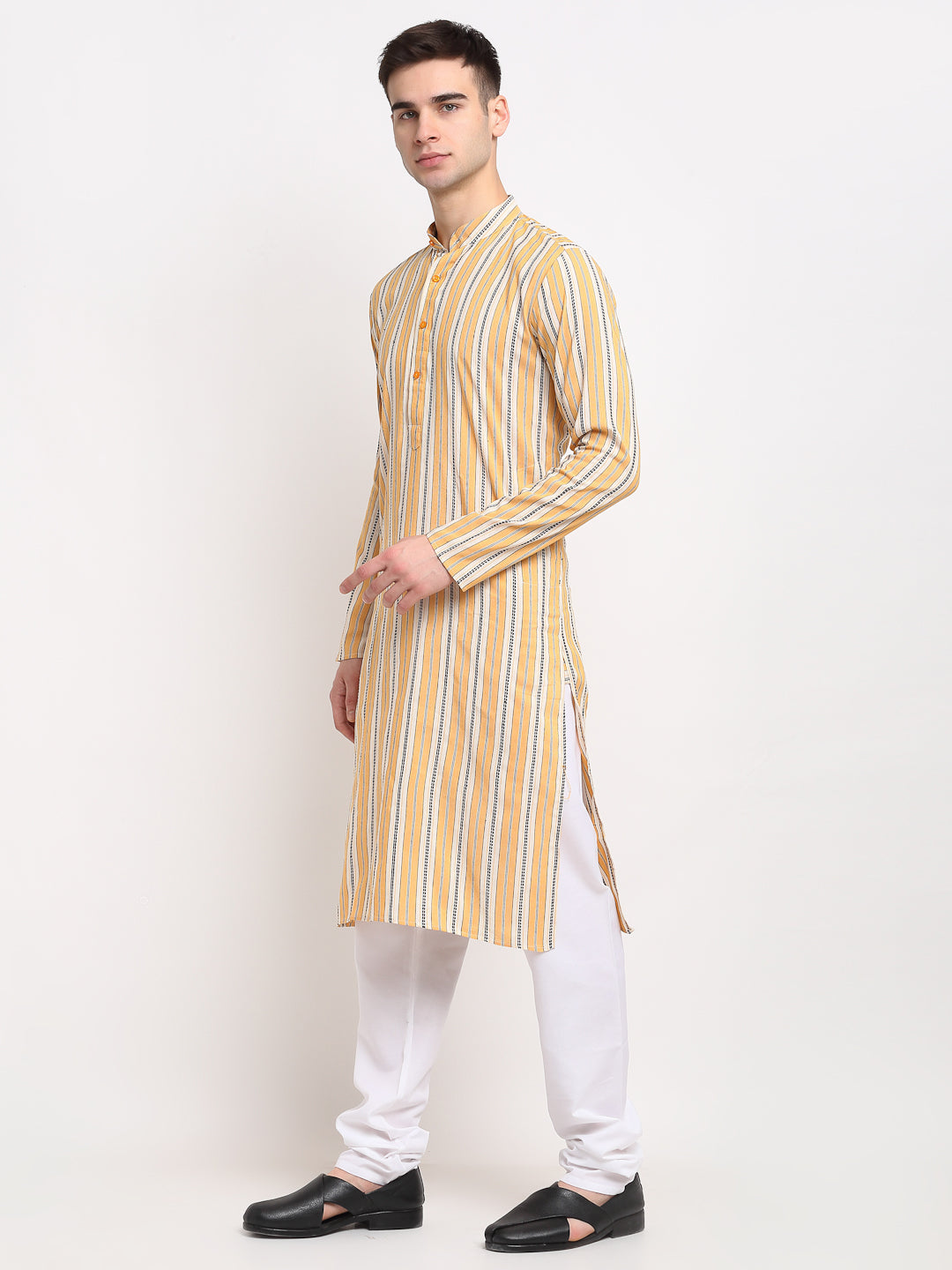Jompers Men's Yellow Cotton Striped Kurta Only | Grocsy