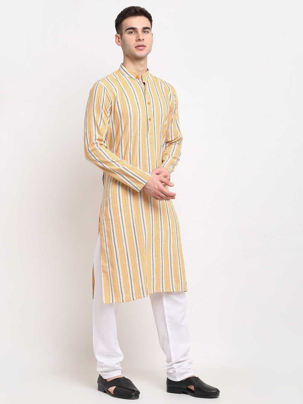 Jompers Men's Yellow Cotton Striped Kurta Payjama Sets | Grocsy