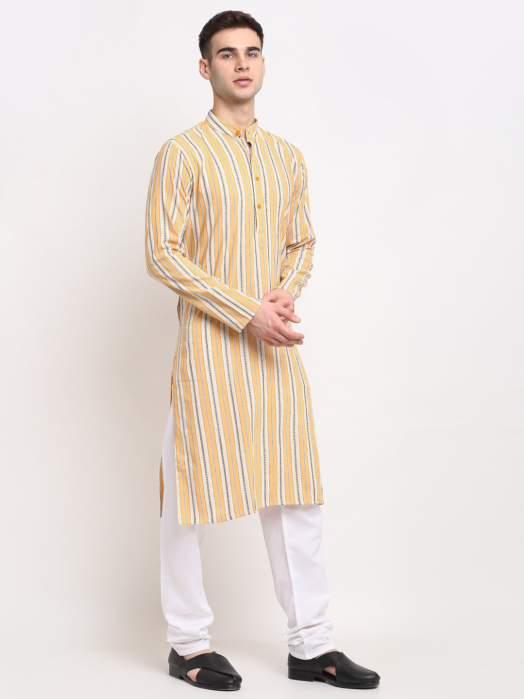 Jompers Men's Yellow Cotton Striped Kurta Only | Grocsy