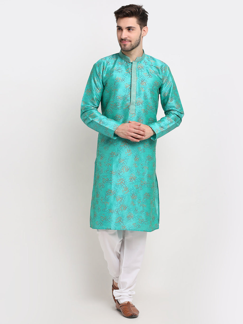 Jompers Men's Green Dupion Printed Kurta Payjama Sets | Grocsy