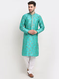 Jompers Men's Green Dupion Printed Kurta Payjama Sets | Grocsy