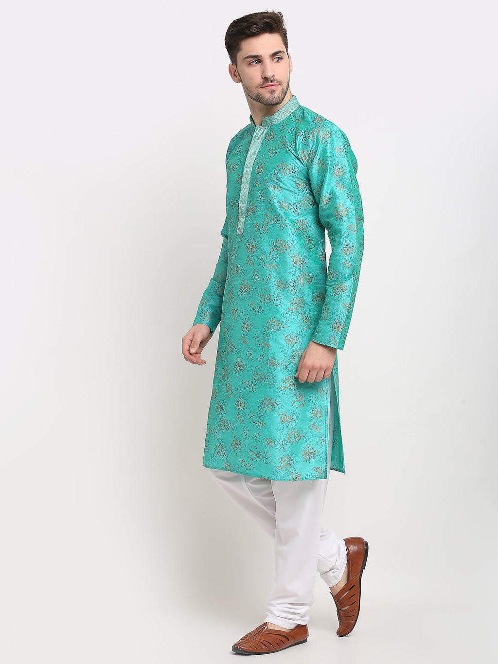 Jompers Men's Green Dupion Printed Kurta Payjama Sets | Grocsy