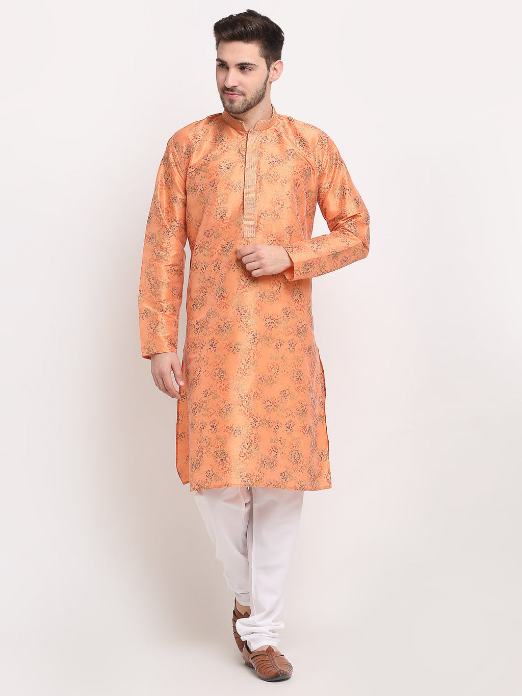 Jompers Men's Orange Dupion Printed Kurta Payjama Sets | Grocsy