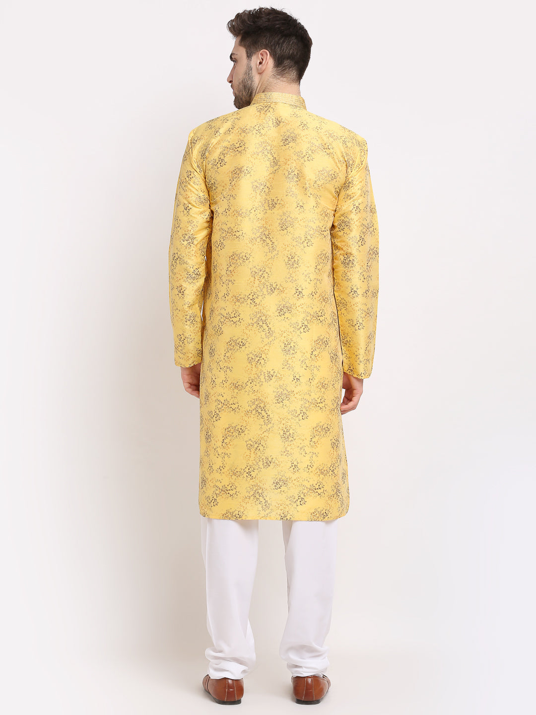 Jompers Men's Yellow Dupion Printed Kurta Payjama Sets | Grocsy