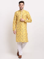 Jompers Men's Yellow Dupion Printed Kurta Payjama Sets | Grocsy