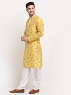 Jompers Men's Yellow Dupion Printed Kurta Payjama Sets | Grocsy