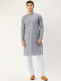 Jompers Men's Grey Embroidered Mirror Work Kurta Pyjama | Grocsy