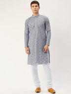 Jompers Men's Grey Embroidered Mirror Work Kurta Pyjama | Grocsy