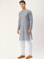 Jompers Men's Grey Embroidered Mirror Work Kurta Pyjama | Grocsy