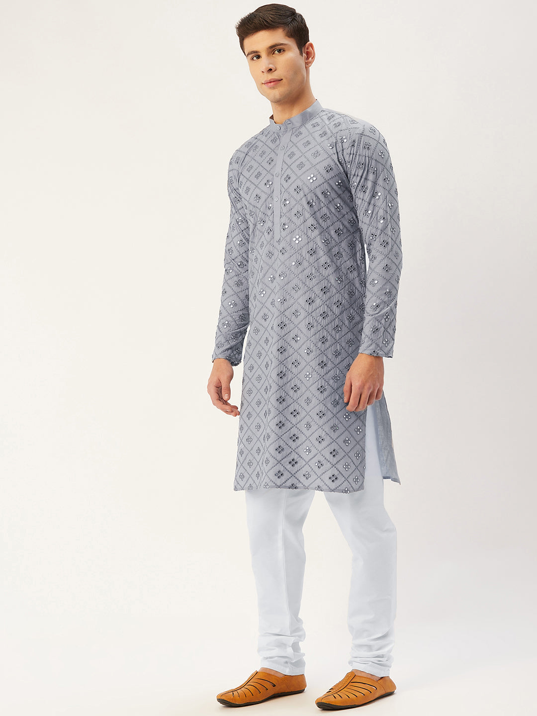 Jompers Men's Grey Embroidered Mirror Work Kurta Pyjama | Grocsy