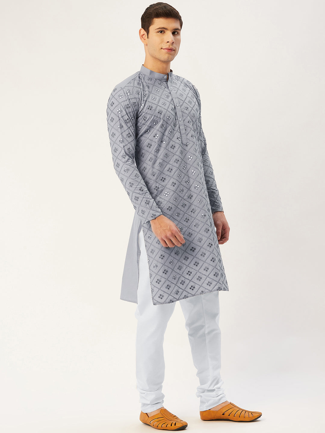 Jompers Men's Grey Embroidered Mirror Work Kurta Pyjama | Grocsy