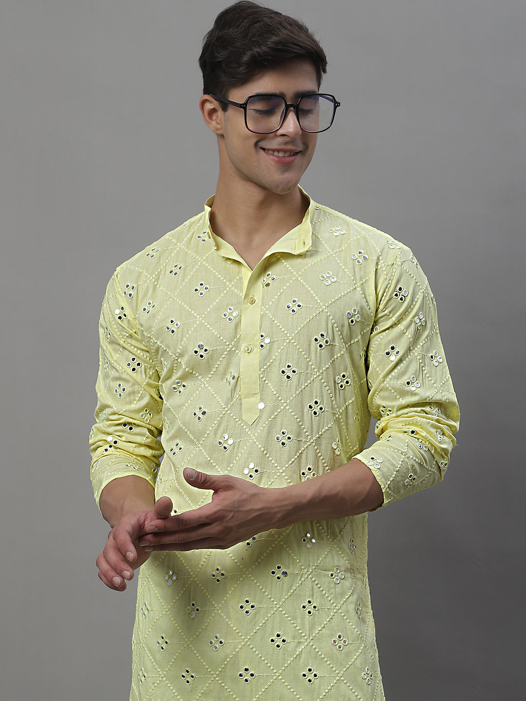 Jompers Men's Embroidered Mirror Work Kurta - Lemon | Grocsy